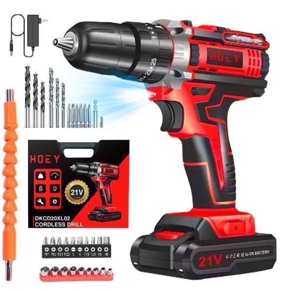 21V Cordless Drill Set, Electric Power Drill 34Pcs with 3/8 Inch Keyless Chuck, 25+3 Clutch Compact Driver Drill with Work Light, Max torque 45Nm, 2-Variable Speed & Battery and Fast Charger