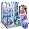 Play Dollhouse with Doll Toy Figures, 14 Rooms Furniture and Colorful Lights, Creative Doll House Gift for Girls Ages 3+, Assemble Required, Pink