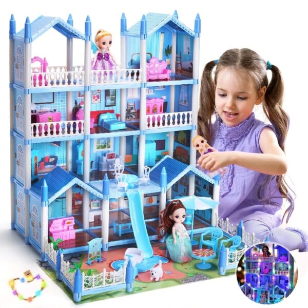 Play Dollhouse with Doll Toy Figures, 14 Rooms Furniture and Colorful Lights, Creative Doll House Gift for Girls Ages 3+, Assemble Required, Pink