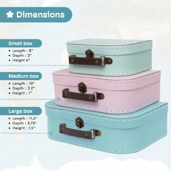 Jewelkeeper Paperboard Suitcases, Set of 3 Decorative Storage Boxes, Vintage Luggage for Birthdays, Weddings, World Map Design