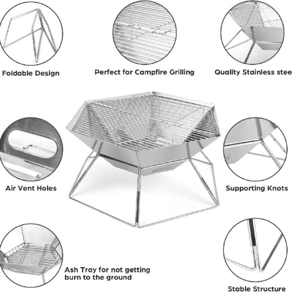 Charcoal Campfire Grill, Camping Fire Pit, Portable BBQ Grill, Folding Hexagon Stainless Steel Barbecue Stove for Home Party Outdoor Camping Picnic