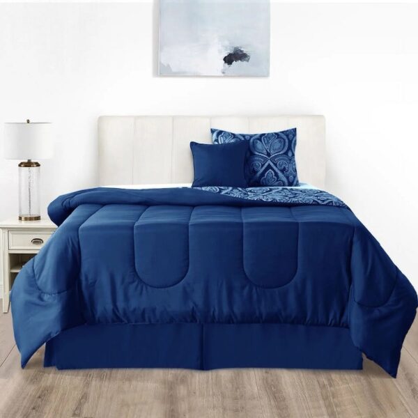 Lux Decor Collection 5 Piece Queen Down Alternative Comforter Set, Washable Duvet Bedding Set - Quatrefoil Navy