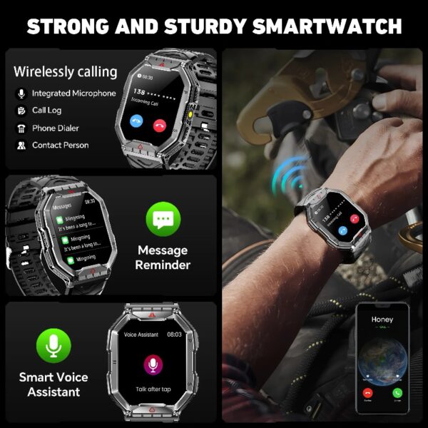 2.1-inch AMOLED Men Military Smartwatch，with Fitness Tracker/ Answer Make Calls /100+ Sport Modes/1ATM Waterproof, Mountain Travel Pedometer Watch fits for Android and Iphone Devices (Black)
