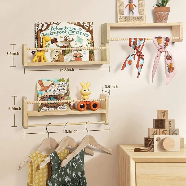 Nursery Floating Shelves for Wall Set of 3 16in, Kids Bookshelf Toy Storage Organizer Natural Wood Shelves Wall Mounted for Kids Room, Bedroom and Kitchen