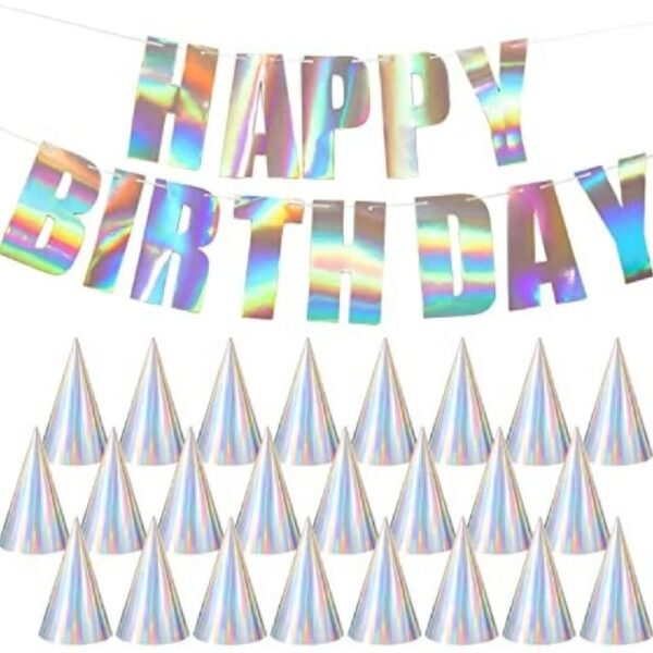 Iridescent Party Hats With Happy Birthday Banner