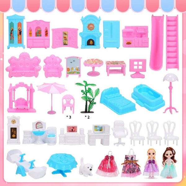 Play Dollhouse with Doll Toy Figures, 14 Rooms Furniture and Colorful Lights, Creative Doll House Gift for Girls Ages 3+, Assemble Required, Pink
