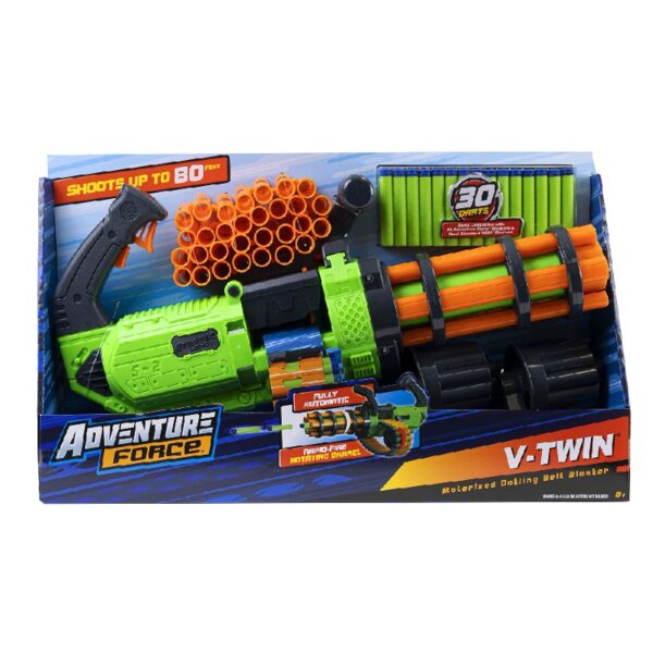 V-Twin Motorized Gatling Belt Blaster, Rotating Barrel, Full-Auto Foam Dart Belt Blaster, 30 Waffe Tip Darts Compatible with Most Standard Full-Length NERF Elite and XShot