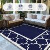 Outdoor Rugs Waterproof Plastic Straw Mat 6'x9' Reversible Patio Deck Beach Blue & White