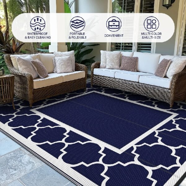 Outdoor Rugs Waterproof Plastic Straw Mat 6'x9' Reversible Patio Deck Beach Blue & White