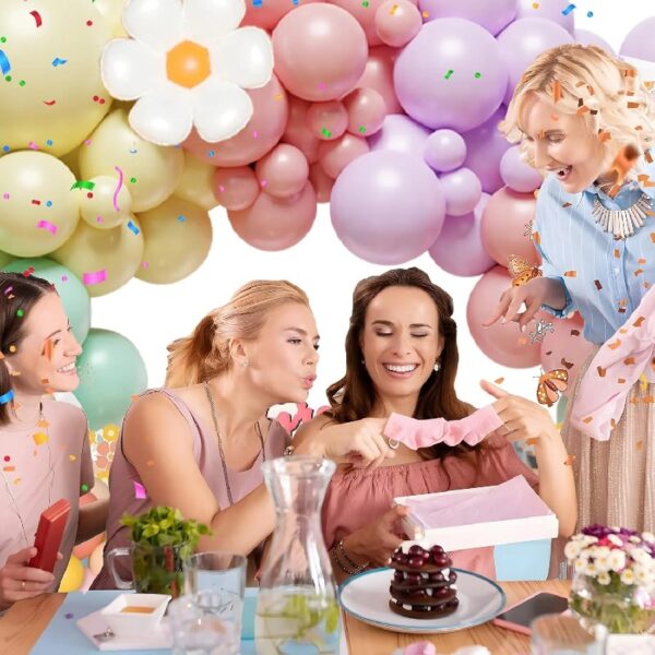 136Pcs Pastel Rainbow Balloon Arch Kit - Birthday Balloons, White Groovy Flower Macaron Pink Yellow Blue Purple Balloons for First Birthday Wedding Party Decorations