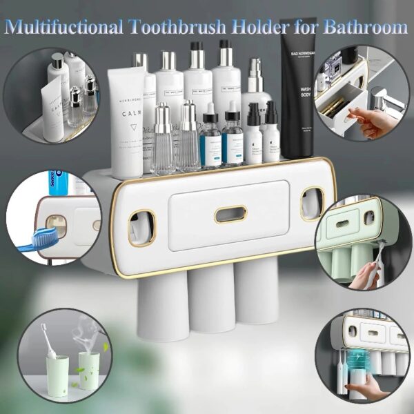 Magnetic Adsorption Inverted Toothbrush Holder Wall-Mounted Bathroom Storage Shelf Toothpaste Dispenser Bathroom Accessories (Green 2Cups)