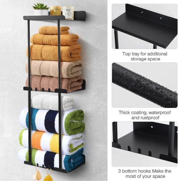 Livhil Wall Towel Rack for Rolled Towels, New Upgrade Towel Racks for Bathroom Wall Mounted, Bathroom Bar Towel Storage, Metal Bath Towel Holder for Folded Large Towel Washcloths, Black
