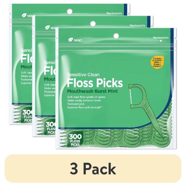 (3 pack) Sensitive Clean Floss Picks, Mouthwash Burst Mint Flavor (300 Count), Compare to Oral-B® Glide + Scope® Outlast®