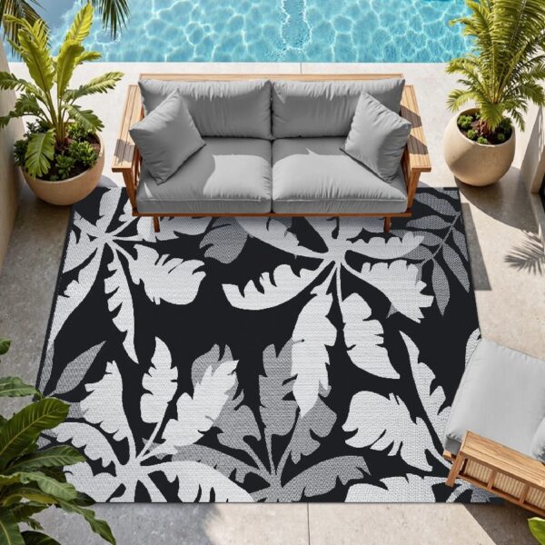 Outdoor Rug Carpet 5'x8' Waterproof Reversible Patio Rug Portable Indoor Outdoor Rug Plastic Straw Rug for Beach RV Camping Garden Picnic Deck Backyard Porch Decor Black