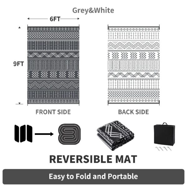Outdoor Rug 6'x9' Waterproof Patio Rug Reversible Indoor Outdoor Rug Lightweight Plastic Straw Rug for RV Camping Deck Balcony Boho Porch Decor Dark Grey and White