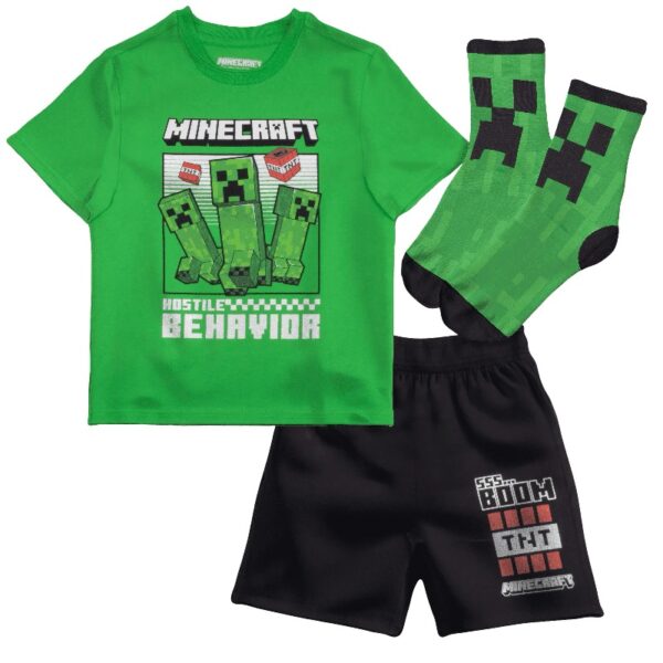 Creeper Boys 3-Piece Set - Short Sleeve Graphic T-Shirt, Shorts & Socks - Complete Summer Outfit for Kids (Sizes 4-16)