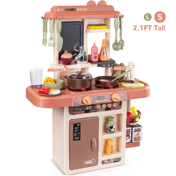 Play Kitchen Set for Kids, 2.1FT Tall Toy Play Kitchen w/ Realistic Lights Sounds Simulation Spray for Toddlers Girls Boys Gift 42Pcs - Small (Orange Red 18x8.6x24.8in)