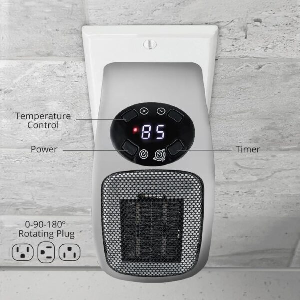 Outlet Plug-in Electric Space Heater, LCD Digital Screen, Up to 24 hour Timer - Silver