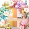 136Pcs Pastel Rainbow Balloon Arch Kit - Birthday Balloons, White Groovy Flower Macaron Pink Yellow Blue Purple Balloons for First Birthday Wedding Party Decorations