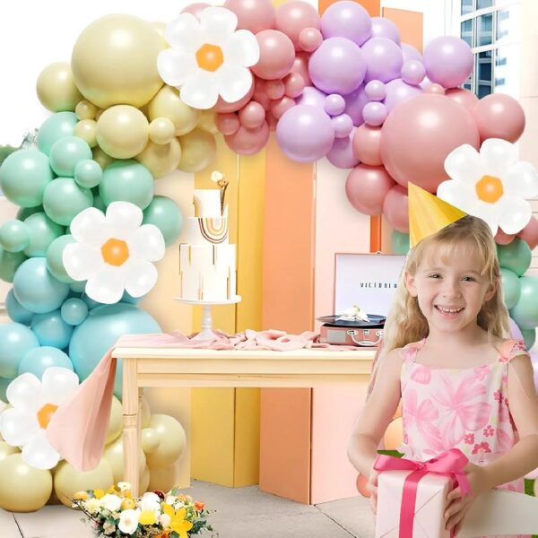 136Pcs Pastel Rainbow Balloon Arch Kit - Birthday Balloons, White Groovy Flower Macaron Pink Yellow Blue Purple Balloons for First Birthday Wedding Party Decorations