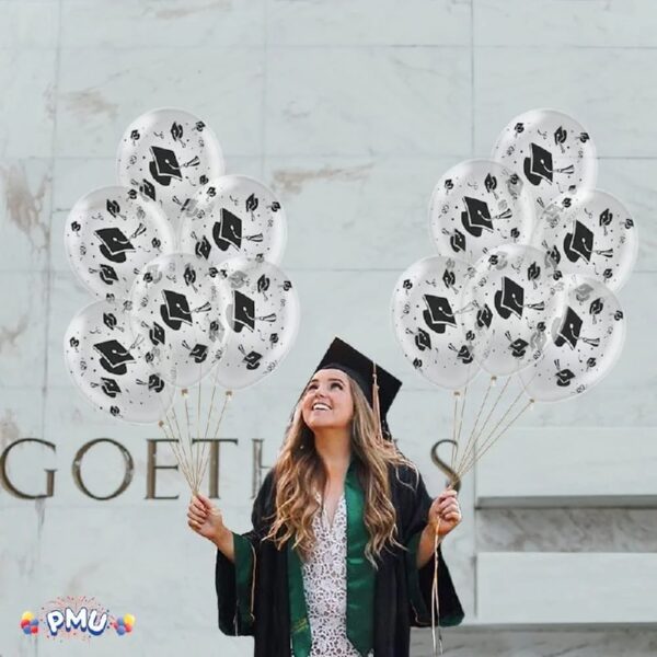 PMU Graduation Balloons 11 Inch PartyTex Premium Emerald Green with All-Over Print White Grad Caps-Confetti and Streamers Pkg/100