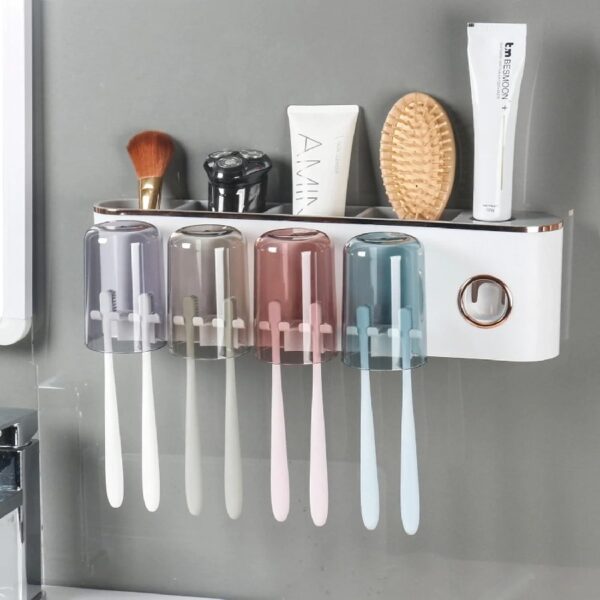 Toothbrush Holders Bathroom Decor with Toothpaste Dispenser, 4 Cups Toothbrush Holder Wall Mounted Bathroom Accessories