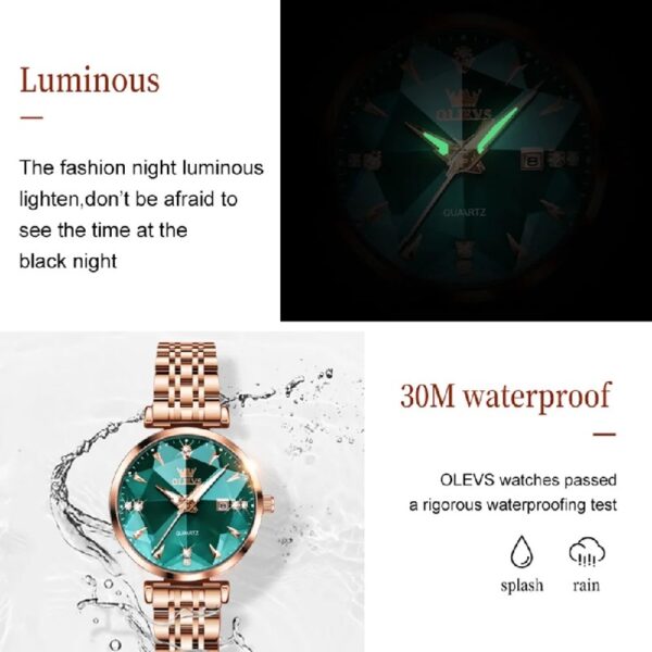 Women Watch Fashion Rose Gold Diamond Analog Quartz Female Watch for Women Luxury Dress Ladies Stainless Steel Luminous Waterproof Date Wrist Watches Green Dial
