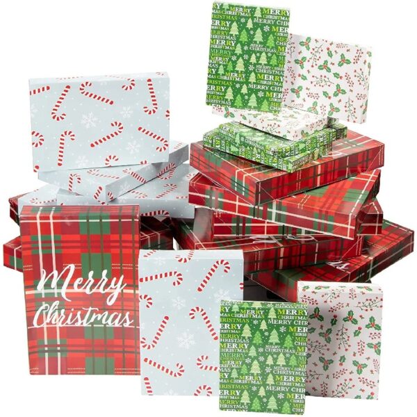 48 Pack Empty Christmas Shirt Boxes, Assorted Size Gift Boxes with Lids, Holiday Boxes for Presents in 4 Festive Designs, Perfect for Xmas Wrapping