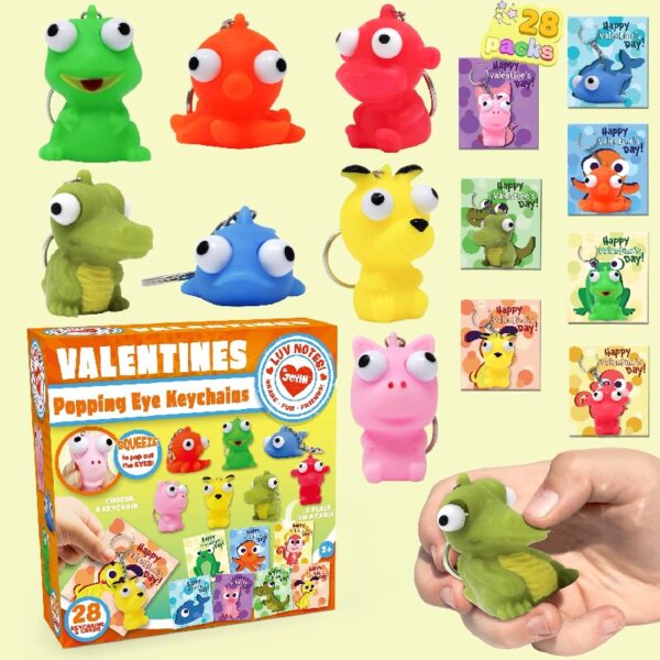 Joyfy 28 Packs Valentines Cards with Popping Eyes Animal Keychain for Kids, Fidget Valentines Toys for Kids School Class Exchange Cards