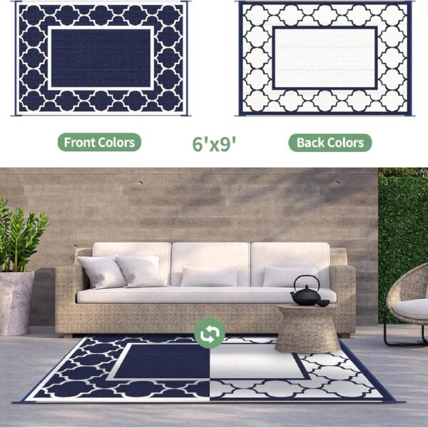 Outdoor Rugs Waterproof Plastic Straw Mat 6'x9' Reversible Patio Deck Beach Blue & White