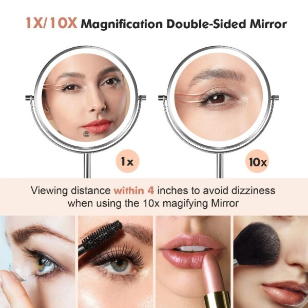 Funtouch Double-Sided Lighted Chrome Makeup Mirror, 10x Magnification, Adjustable Swivel Vanity Mirror