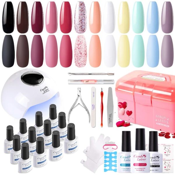 Candy Lover Gel Nail Polish Kit with UV LED Lamp, 12 Colors Cute Lady Gel Polish Starter Kit, All-in-One Quick Dry Soak Off Nail Gel Manicure Kit with DIY Tools Valentine Gift for Women