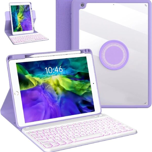 Keyboard Case for iPad 9th/8th/7th Gen 10.2 inch, iPad Air 3rd, Pro 10.5 - Colorful Backlite Keyboard, 360 Rotatable Detachable Magnetic Protective Cover, Pencil Holder, Auto Sleep/Wake