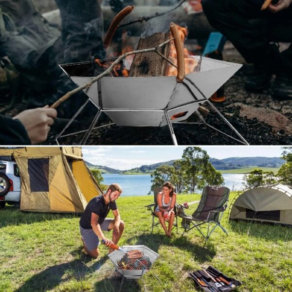 Charcoal Campfire Grill, Camping Fire Pit, Portable BBQ Grill, Folding Hexagon Stainless Steel Barbecue Stove for Home Party Outdoor Camping Picnic