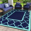 Outdoor Rugs Waterproof Plastic Straw Mat 6'x9' Reversible Patio Deck Beach Blue & White