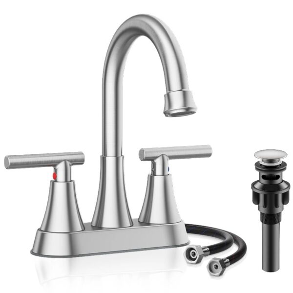 Bathroom Faucets 4 Inch Matte Black Bathroom Sink Faucet, Stainless Steel Lead-Free 2-Handle Centerset Faucet with Pop-up Drain and 2 Supply Hoses Fits 2 or 3-hole Sink