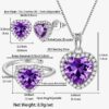 Women Heart Jewelry Set Necklace Earrings Ring 925 Sterling Silver February Birthstone Amethyst Wife Mother Birthday Valentine's Day Gift