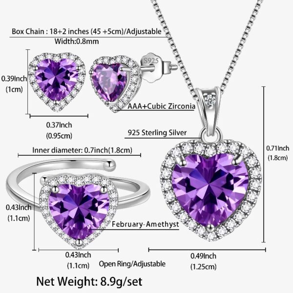 Women Heart Jewelry Set Necklace Earrings Ring 925 Sterling Silver February Birthstone Amethyst Wife Mother Birthday Valentine's Day Gift