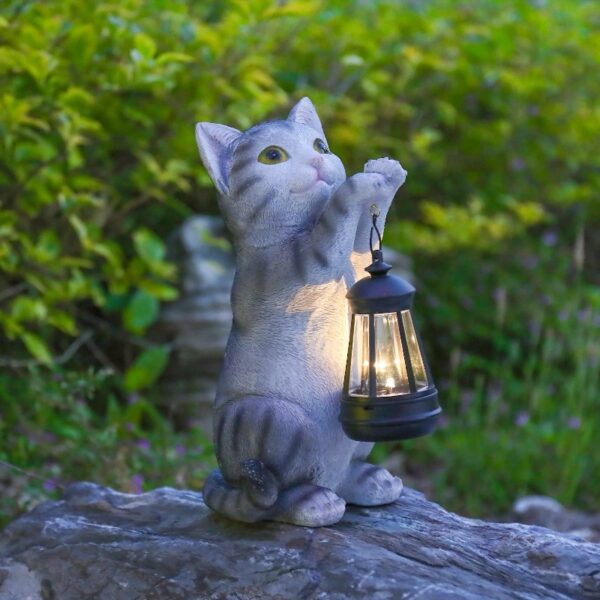 Cat Statue Garden Decor with LED Lantern for Outside -Resin patio Art Gift for lover,Cat Statues for Garden,Patio,Yard Decoration
