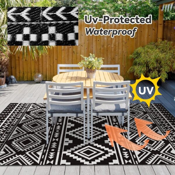 Outdoor Rug Carpet 6'x9' Waterproof Reversible Patio Rug Portable Modern Abstract Indoor Outdoor Rug Plastic Straw Rug for RV Camping Garden Picnic Deck Backyard Porch Decor Gray and White