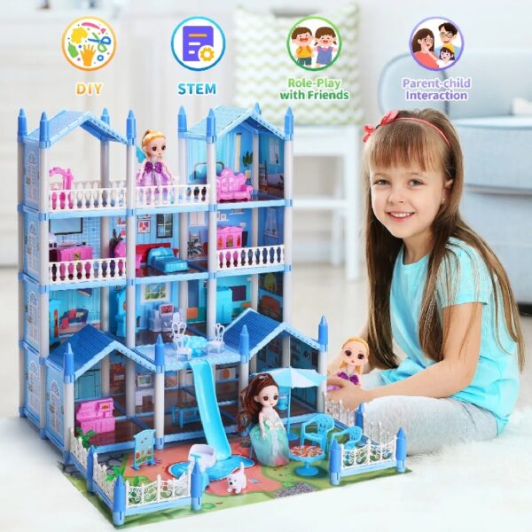 Play Dollhouse with Doll Toy Figures, 14 Rooms Furniture and Colorful Lights, Creative Doll House Gift for Girls Ages 3+, Assemble Required, Pink