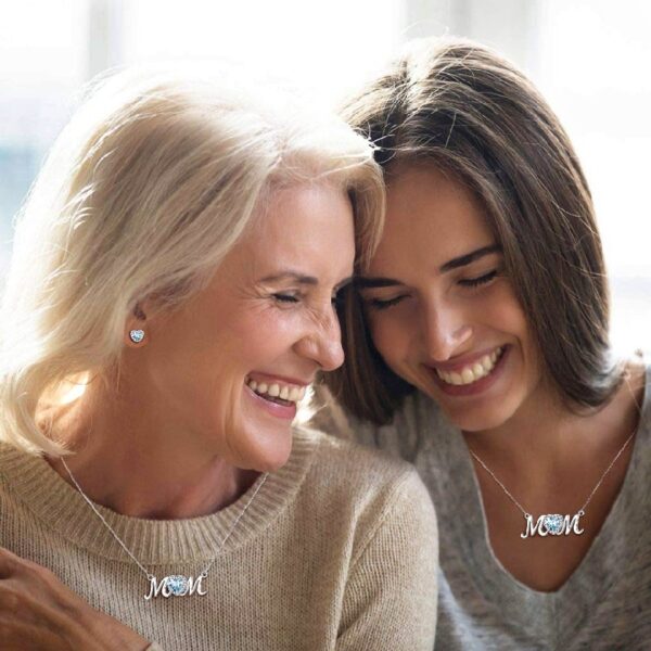 Bestyle S925 Sterling Silver Necklace for Mom Grandma Shiny CZ Heart Pendant Necklace March Created Aquamarine Birthstone Jewelry Mother's Day Gift