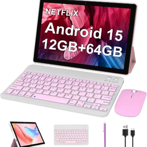 Android 15 Tablet, 10.1 inch 12GB RAM+64GB ROM Tablet, 2 in 1 Tablets with Keyboard Case Mouse Stylus, 1.8GHz Quad-core Processor, 1280*800 HD Touch Screen, 8MP Camera, 2.4G/5G Wi-Fi 6, BT Tableta PC