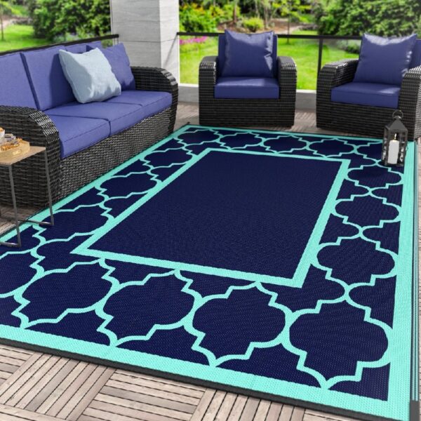 Outdoor Rugs Waterproof Plastic Straw Mat 6'x9' Reversible Patio Deck Beach Blue & White
