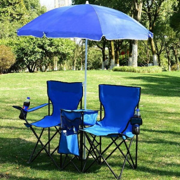Double Camping Chair, Folding Camp Chair with Removable Umbrella, Cup Holders, Cooler Bag, Side Pocket & Carry Bag, 2-Person Beach Chair for Outdoor, Sports, Concerts, Travel, Picnic (Blue)