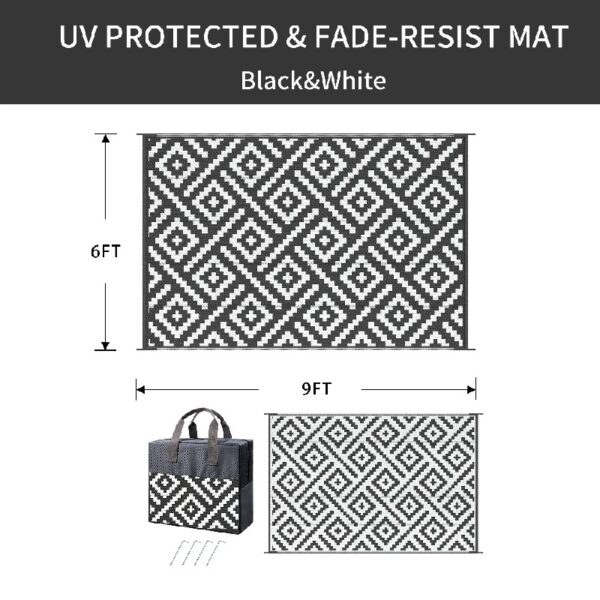 6'x9' Outdoor Rugs Patio Waterproof Outside Mat Reversible Plastic Camping Carpet,Black & Grey