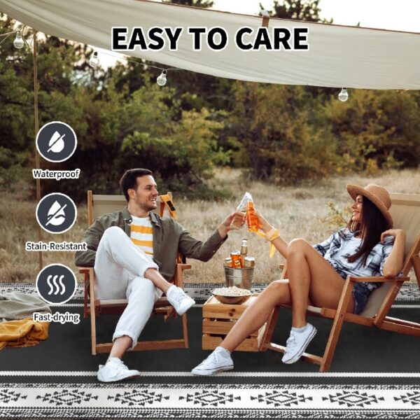 5x8 Feet Waterproof Outdoor Rug - Reversible Black & White Plastic Patio Mat, Non-Slip Durable Moroccan Geometric Design for Camping, RV, Balcony, Porch, Picnic