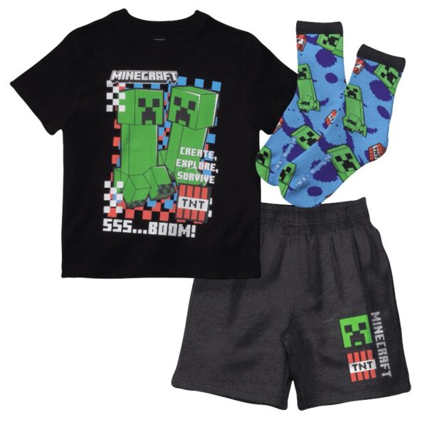 Creeper Boys 3-Piece Set - Short Sleeve Graphic T-Shirt, Shorts & Socks - Complete Summer Outfit for Kids (Sizes 4-16)