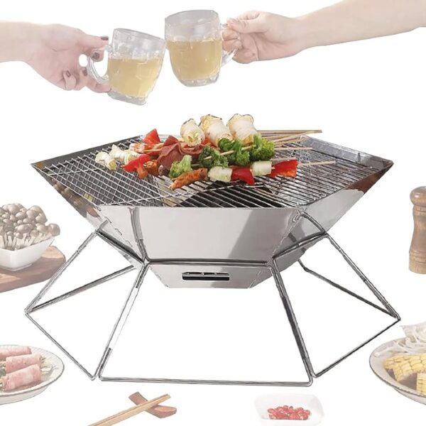 Charcoal Campfire Grill, Camping Fire Pit, Portable BBQ Grill, Folding Hexagon Stainless Steel Barbecue Stove for Home Party Outdoor Camping Picnic