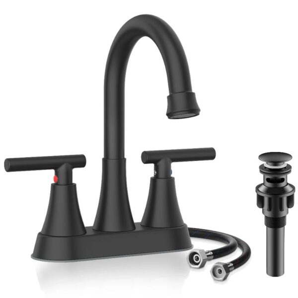Bathroom Faucets 4 Inch Matte Black Bathroom Sink Faucet, Stainless Steel Lead-Free 2-Handle Centerset Faucet with Pop-up Drain and 2 Supply Hoses Fits 2 or 3-hole Sink